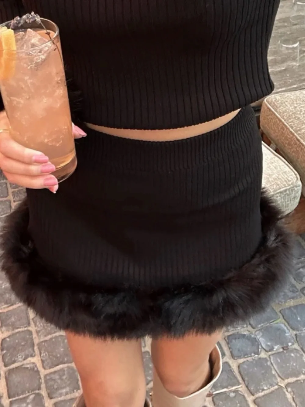 Show Me Your MuMu Black Ribbed Mini Skirt with Faux Fur Trim